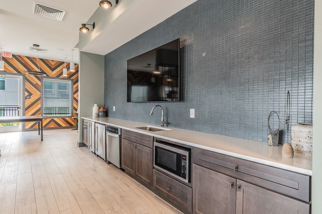Large Countertop Area With Mounted Flat Screen TV