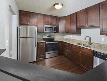 Kitchen With Stainless Steel Appliances & Wood-Style Flooring