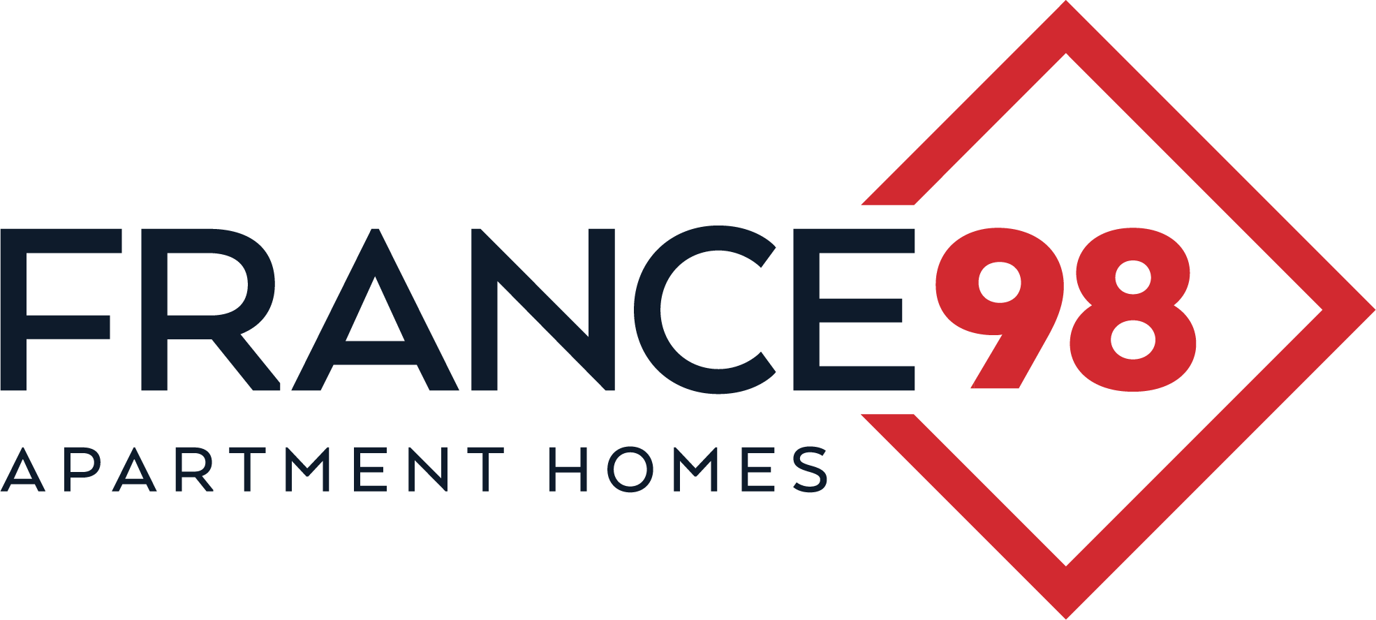 A logo with the text "FRANCE 98 Apartment Homes" in white and red on a green background.