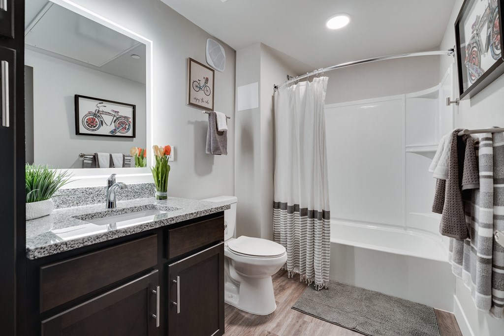 Spacious Bathroom With Wood-Style Flooring