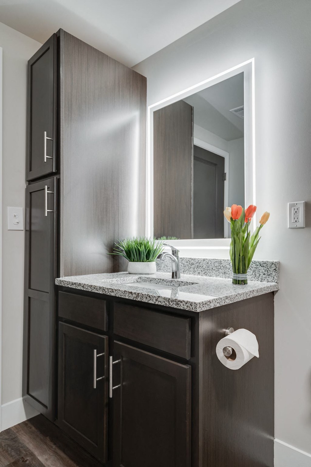 Bathroom With Backlit Mirror & Built-In Storage