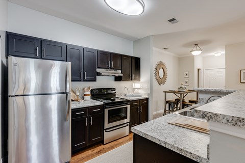 an open kitchen with black cabinets and stainless steel appliances and granite counter tops