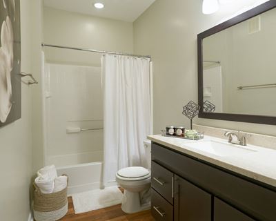 Bathroom with Tiled Shower and Large Vanity