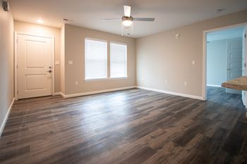 Spacious Living Room With Wood-Style Flooring & Two Large Windows
