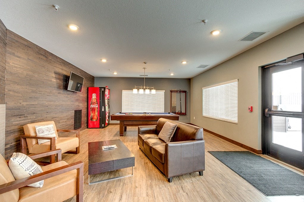 a game room with a pool table and couches