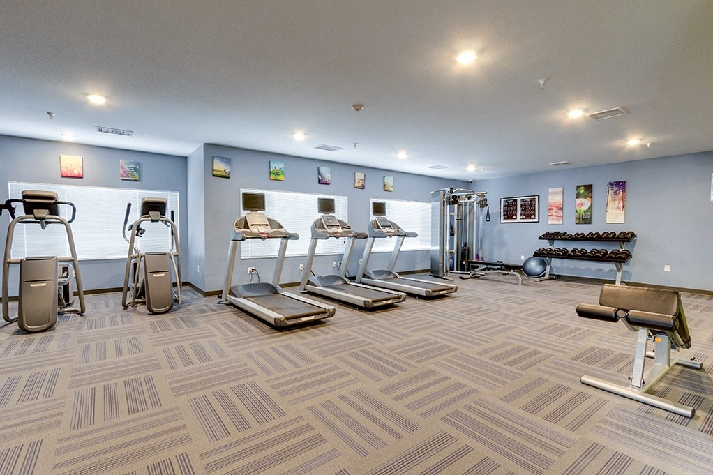 a gym with cardio machines and weights on the floor