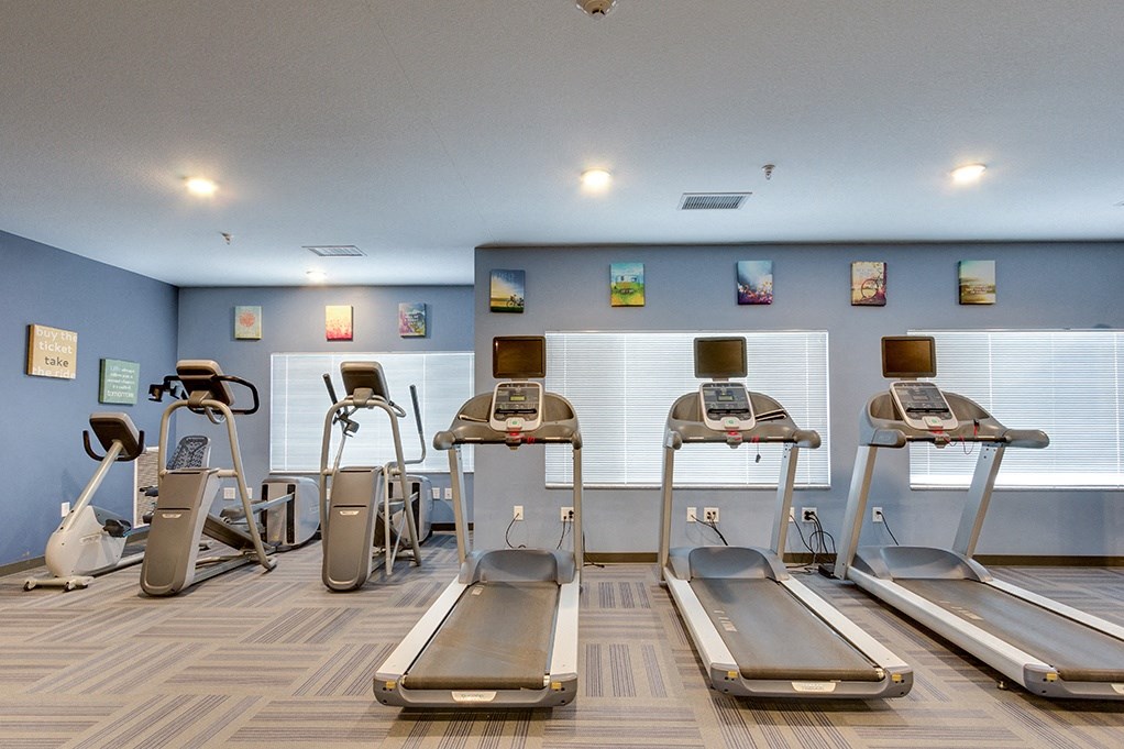 a gym with several treadmills and weights on the floor