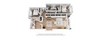 A 3D floor plan of a house with a living room, kitchen, and staircase.