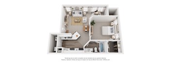 A 3D floor plan of a small apartment with a kitchen, living room, and bedroom.