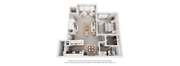 A 3D floor plan of a house with a kitchen, living room, and bathroom.