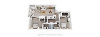 A 3D floor plan of a house with a kitchen, living room, dining room, and bathrooms.