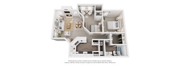 A 3D floor plan of a house with a kitchen, living room, and bathroom.