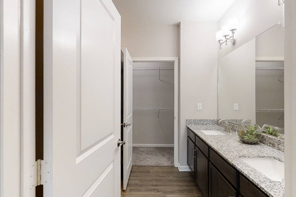Bathroom Vanity with Double Sinks and Attached Walk-In Closet