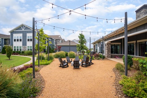 Outdoor Fire Pit Area with String Lights Above