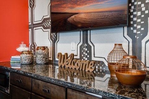Clubhouse Kitchen Countertop and Mounted TV