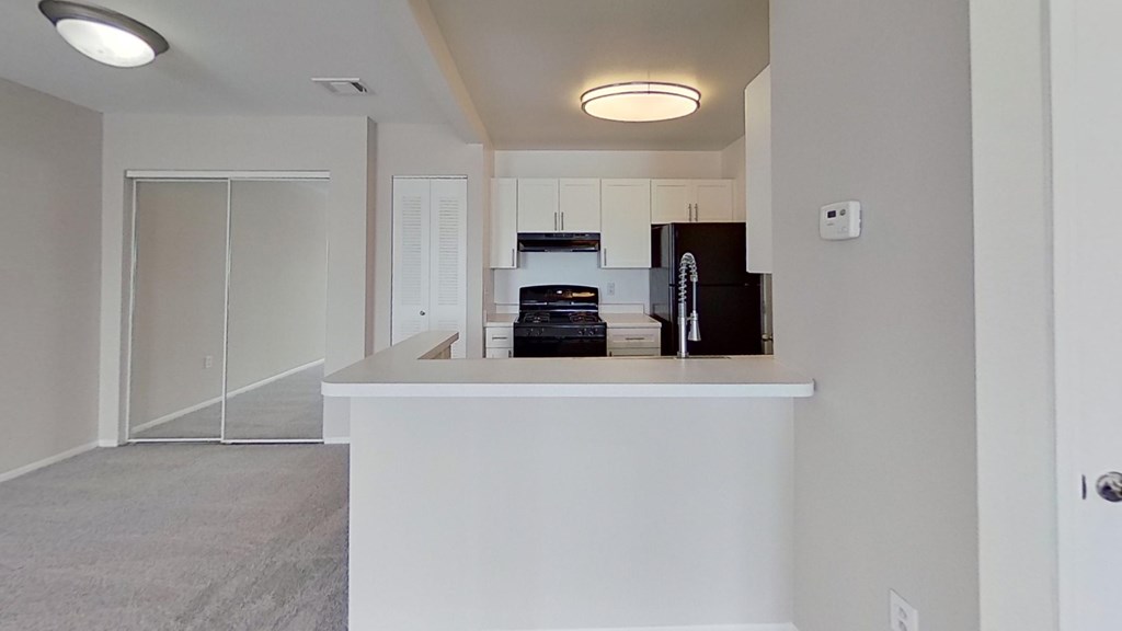 A kitchen area with a black fridge and white countertop.