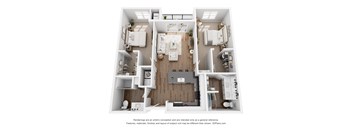 A 3D floor plan of a house with labeled rooms.