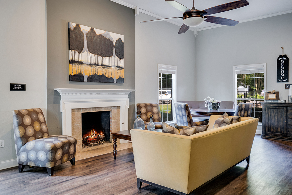 a living room with a fireplace and a couch
