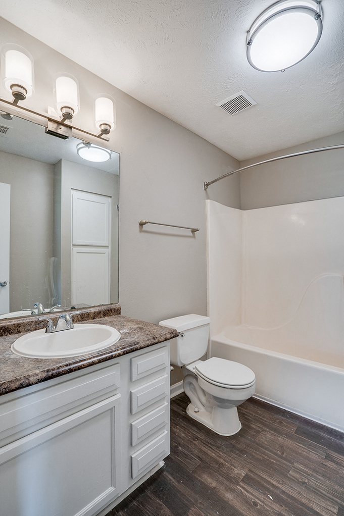 Spacious Bathroom with Grey Hardwood Style Flooring