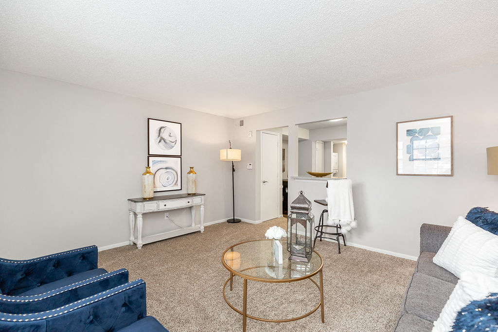 Spacious Living Room with Plush Carpet and Light Grey Walls