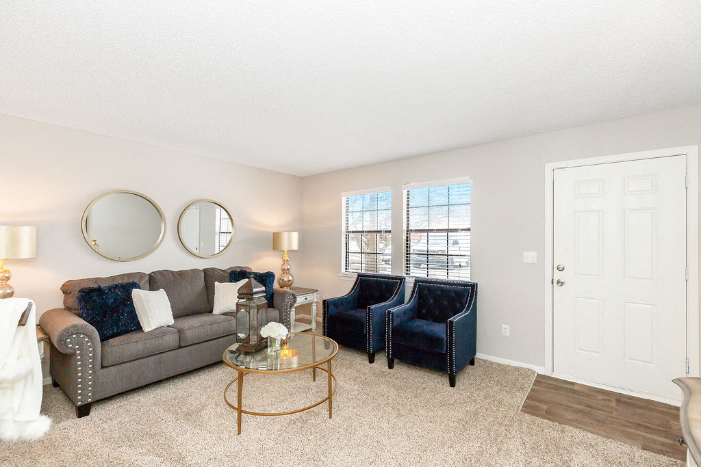 Plush Carpet in the Living Room with Wood Style Flooring at the Door Entry Way