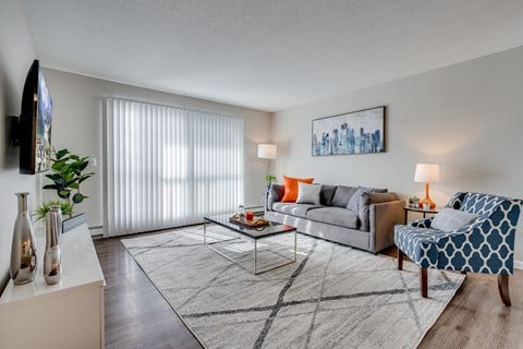 a living room with a couch and a chair