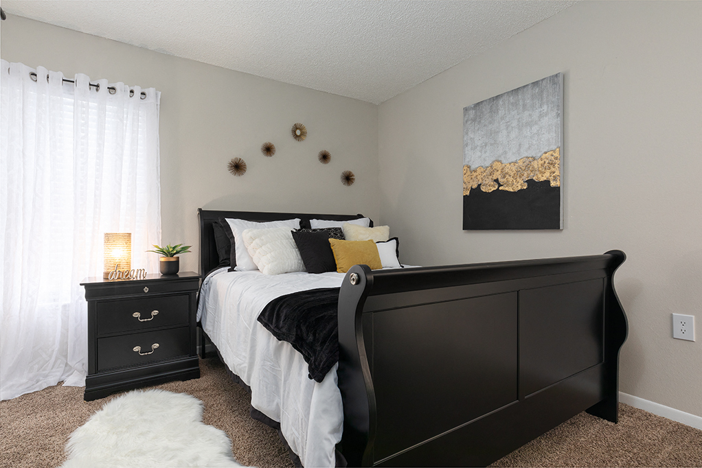 Bedroom with Plush Carpet and Large Window with Built-In Blinds
