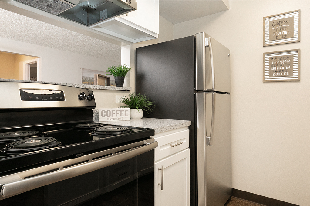 Fully Equipped Kitchen with Stainless Steel Appliances and White Cabinetry