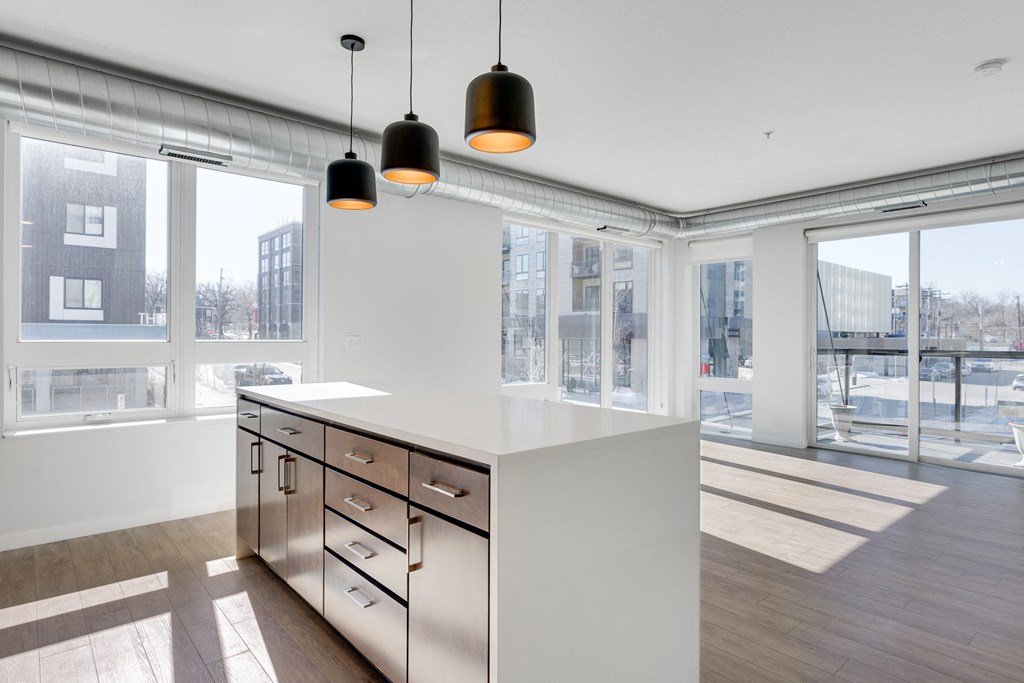 Large Kitchen Island with Overhead lighting