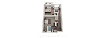 A 3D floor plan of a small apartment with a kitchen, living room, and bathroom.