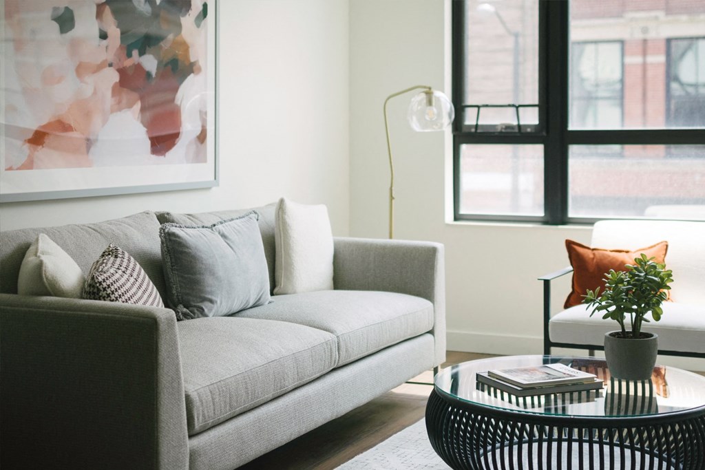 Modern living room furniture and city view