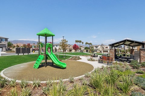 A playground with a green slide and a green canopy.