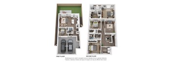 A diagram of a two-story apartment layout with labeled rooms.