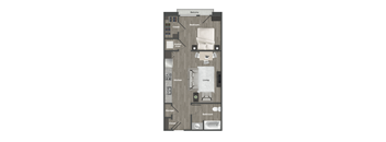 A floor plan of an apartment with a living room, kitchen, bathroom, and bedroom.