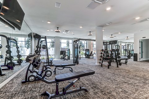 A spacious gym with a variety of equipment and a flat screen TV mounted on the wall.