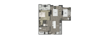 A floor plan of an apartment with a living room, kitchen, bathroom, and bedroom.
