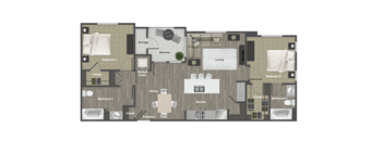 A floor plan of a apartment with a living room, kitchen, and three bedrooms.