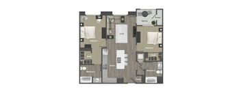 A floor plan of a apartment with two bedrooms, two bathrooms, a living room, a kitchen, a balcony, and storage.