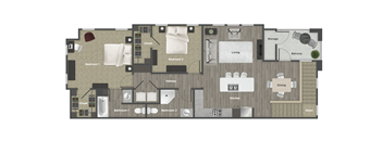 A floor plan of a floor plan of a  2100 sq ft apartment with a kitchen, living room, and two bedrooms.