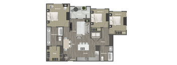 A floor plan of a apartment with a living room, kitchen, and multiple bedrooms.