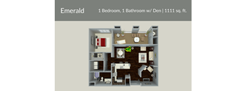 a hypothetical 3d floor plan of a 1 bedroom  1 bathroom