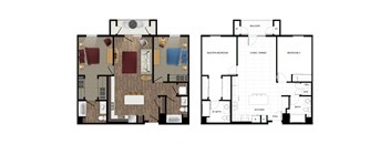 two layouts of a floor plan with a wood floor