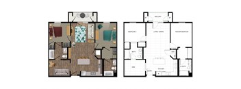 two floor plans of a room with furniture and a wood floor