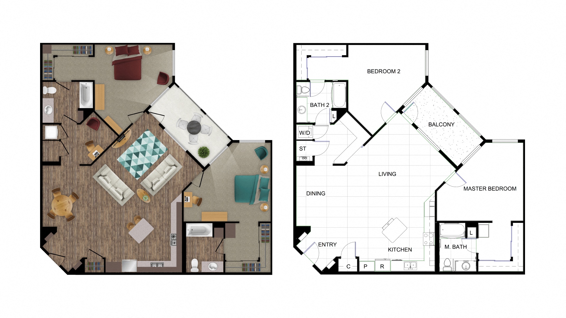 two floor plans of a living room and a floor plan of a bedroom