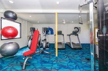 a gym with cardio equipment and weights