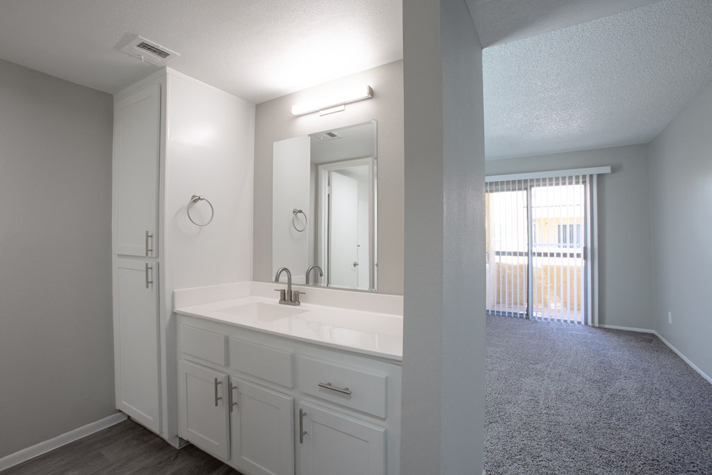 an empty bathroom with a sink and a mirror at Ascent on Peoria Apartments, Arizona