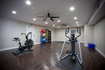 a home gym with treadmills and exercise balls