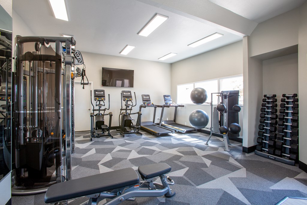 a large fitness room with cardio equipment and weights