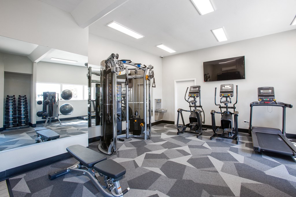 a spacious fitness room with cardio equipment and a flat screen tv