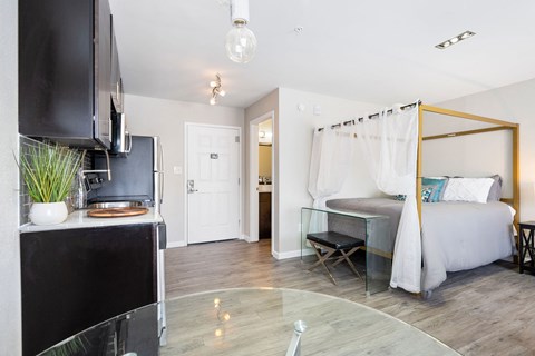 a bedroom with a canopy bed and a kitchen with a desk and a tv